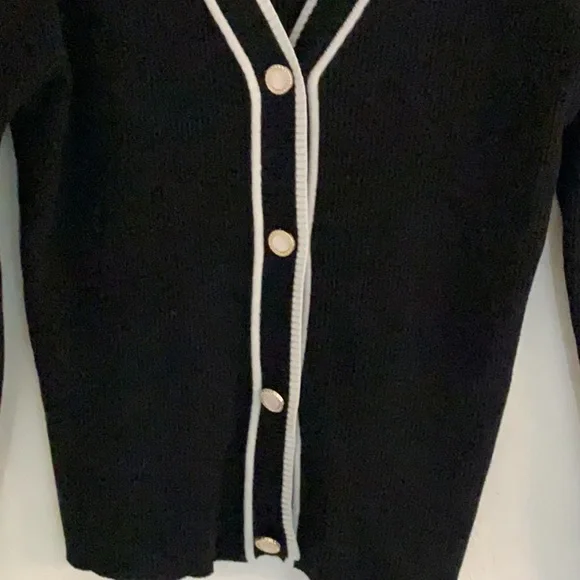 Tenney Rose Ribbed Knit Cardigan, Size S, Black/White Trim - Picture 3 of 7
